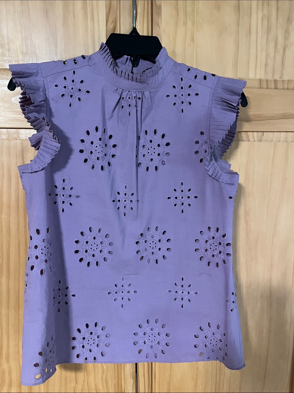 1.STATE Lavender Eyelet Ruffle Mock Neck Top